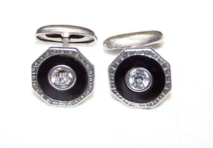 Antique Victorian Era Cufflinks Black Enamel and Rhinestone with Bean Back - Picture 1 of 8