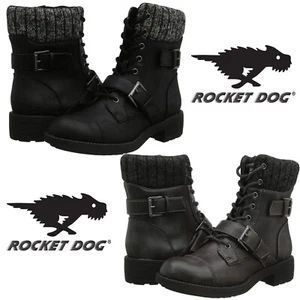 Womens Rocket Dog Travis Lace Up Cuffed Combat Biker Lace Up Boot Black RRP £75 - Picture 1 of 11