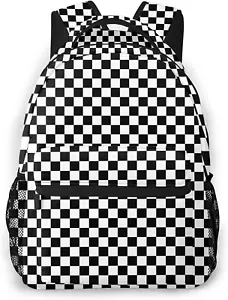 Black White Race Checkered Backpack Laptop Backpack Hiking Daypack Shoulder - Picture 1 of 12