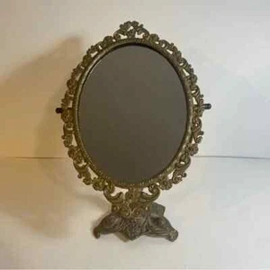 Vintage Brass Ornate Hollywood Regency Standing Vanity Mirror 13.5” Height - Picture 1 of 11