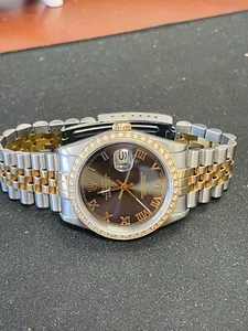 Rolex 16233 Datejust 36mm Steel And 18k Yellow Gold Blk Roman & Diamond Bezel - Picture 1 of 8
