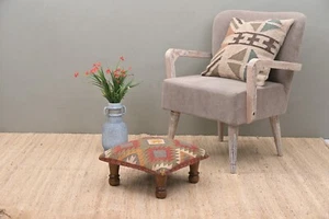 Handcrafted Acacia Wooden Footstool | Low Kilim Upholstered Footstool Ottoman | - Picture 1 of 5