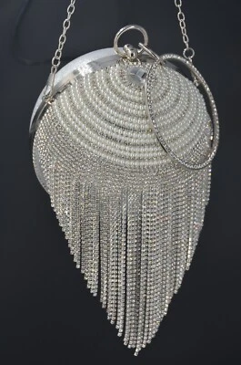 Silver Crystal Round Ball Wristlet Evening Clutch Tassel Wedding Handbag Purse - image 1 of 4