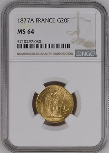 FRANCE , GOLD 20 FRANCS 1877 A - NGC MS 64 , RARE3 - Picture 1 of 2