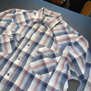 VTG Levis Western Large White Tab Plaid Pearl Snap Long Sleeve Shirt - Picture 1 of 13