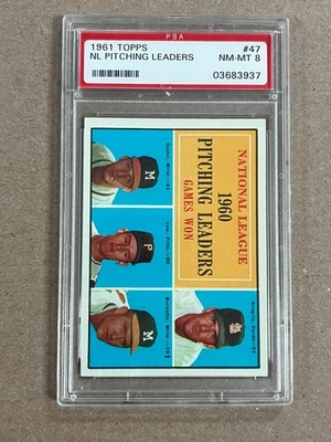Topps N.L. 1961 Pitching Leaders Spahn #47 calificado PSA 8 casi nuevo-como nuevo Foto 1 de 2