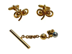Juego de gemelos y clips de corbata estilo remolino tono dorado vintage - Imagen 1 de 3