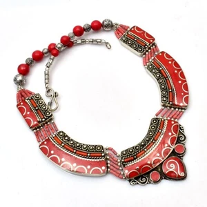Tibetan Coral Gemstone 925 Sterling Silver Big Necklace Handmade Jewelry - Picture 1 of 4
