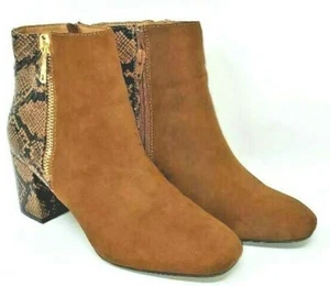 SHE&IN Womens Ankle Boots Booties Brown Suede Reptile Block Heel Side Zip Up 9 - Picture 1 of 6