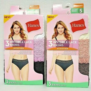 6 Hanes Microfiber Tagless Bikinis Invisible Lace Assorted Colors Sz 5 (2-3Pks)