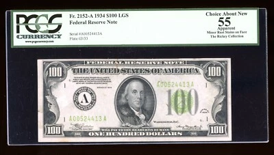 DBR 1934 $100 LGS FRN Boston Fr. 2152-Algs PCGS App 55 Serial A00524413A - Image 1 of 2