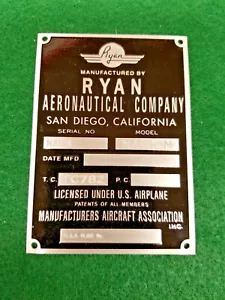 Ryan Aircraft NAVION Data Plate Acid Etched Aluminum - Foto 1 di 2