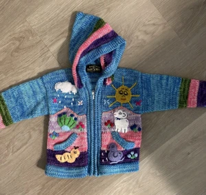 Hand Made Kids Alpaca Knit Sweater Hoodie Blue Pink Zip S animal Peru - Picture 1 of 9