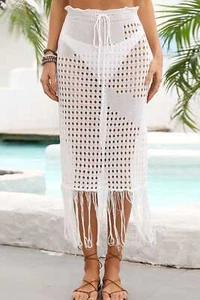 Falda midi de playa con flecos de ganchillo blanca con cordón en el dobladillo ropa de resort - Imagen 1 de 8