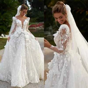 A Line Wedding Dress 3D Flowers Lace Appliques Long Sleeve Bridal Gowns Sexy - Picture 1 of 12