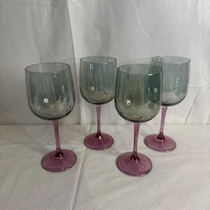 4 Vtg Pier 1 Handblown Blue Green  W/ Amethyst Wine Goblets 7 3/4” Italy Read - Picture 1 of 13