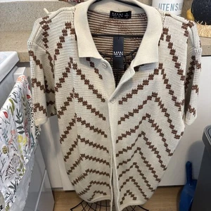 boohoo maglione uomo maglia aperta a righe manica corta in ecrù XL - Foto 1 di 7