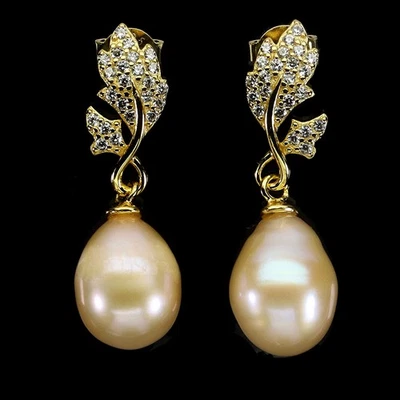 925 Sterling Silver Earrings Drop Pearl 10x8mm Natural Gemstone Jewelry - Image 1 of 4