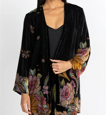 Johnny Was Kimono Andy Silk Velvet Black Floral Print Size Medium Artsy EUC $505 - Image 1 of 4