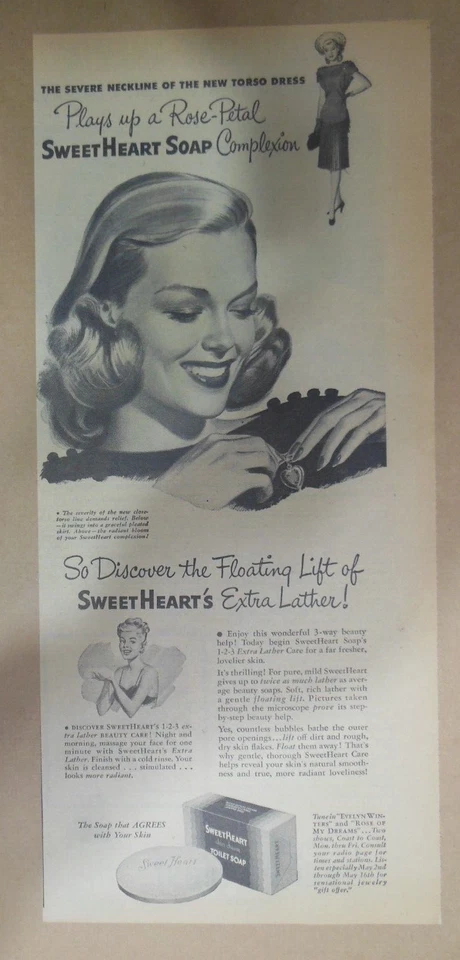 Anuncio de jabón Sweetheart: tez favorecedora de la década de 1950 Tamaño: 7,5 x 15 pulgadas Foto 1 de 1