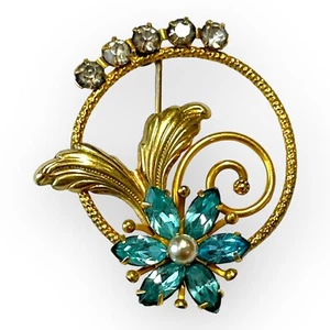 Vintage 12K Gold Filled AMCO Blue Rhinestone Flower Brooch - Picture 1 of 5