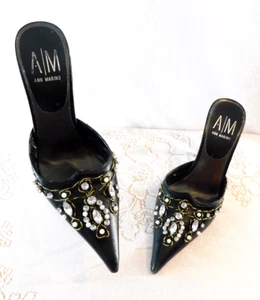 Tacones de mula Ann Marino dorados estrás perla negros ~ talla 8M - Imagen 1 de 6