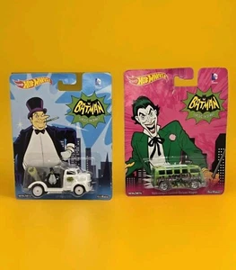 Set of 2 BATMAN HOTWHEELS ~ THE JOKER VOLKSWAGEN & THE PENGUIN 46 FORD COE. NEW - Picture 1 of 9