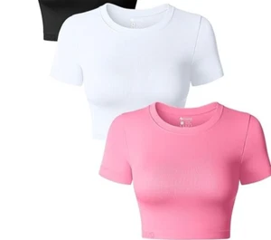OQQ Women's 2 Pk Crop Tops Crew Neck Shorts Sleeve Stretch Fitted Shirts Large - Picture 1 of 3