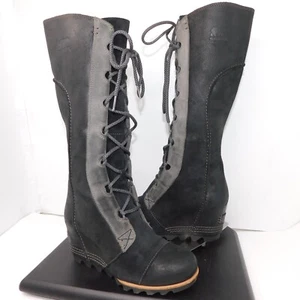 Sorel Womens 7 Cate The Great Black Grey Leather Wedge Tall Lace Boot NL2175-010 - Picture 1 of 9