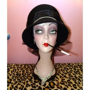 Vintage Black Wool Church Hat Rhinestones mesh bow feathers Kentucky Derby retro - Picture 1 of 13