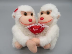 Pair of White Monkeys Stuffed Animal Plush w/I Love You Red Pillow 5-1/2" - Picture 1 of 20