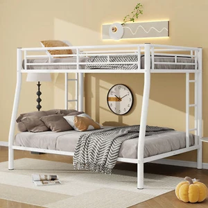 Full XL over Queen Metal Bunk Bed with Ladder and Guardrails, White - Picture 1 of 10
