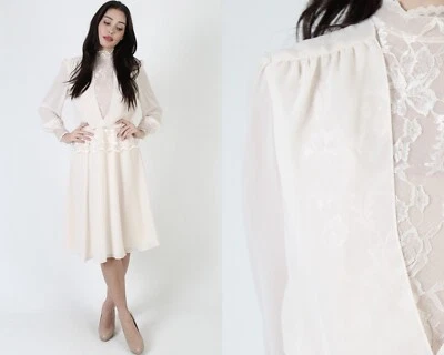 Vtg 70s Sheer Pale Pink Lightweight Peplum Victorian Chiffon Lace Mini Dress - Image 1 of 4