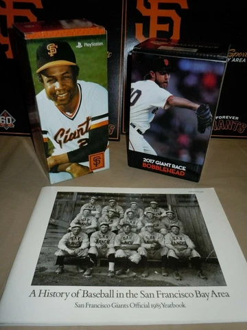 SF Giants FRANK ROBINSON & MAD BUM Giant Race Bobbleheads + 1985 GIANTS Yearbook Cover