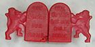 VINTAGE SMALL 1 3/8" RED PLASTIC LION SALT & PEPPER SHAKERS 'GOD BLESS OUR HOME'