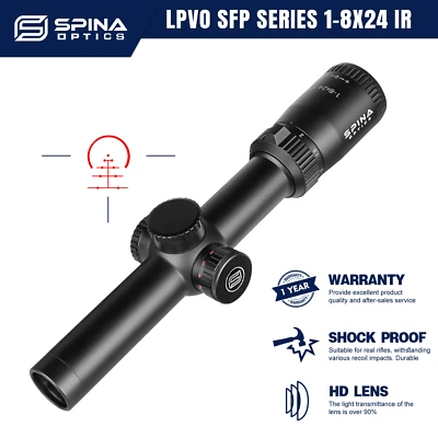 Mira para rifle SPINA OPTICS LPVO 1-8x24 IR vista de alivio de ojos largos .308 22LR, etc. Foto 1 de 4