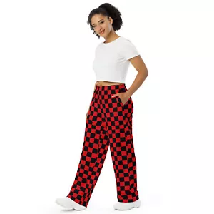 Red and Black Checkered Board Unisex Wide-Leg Pants New - Picture 1 of 28