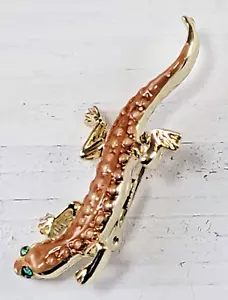 Vintage GECKO Lizard Gold Tone Enamel Green Rhinestones Brooch - Picture 1 of 3