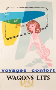 Affiche Originale, Colin, Wagons-Lits, Mer, Plage, Train, Voilier, Bateau, 1950 - Bild 1 von 5