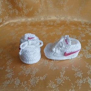 Scarpette neonato 0-3 mesi BIANCO ROSA Glitter uncinetto simil NIKE cotone - Foto 1 di 2