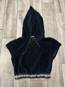 Alexander Wang Cap Sleeve Crop Velour Hoodie Pullover Log Elastic Waist XS - Bild 1 von 4
