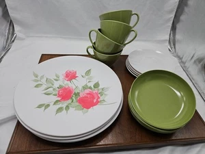Vintage Melmac Melamine 1973 Roses Dinnerware 4 Place Setting Plates Bowls Cups - Picture 1 of 17