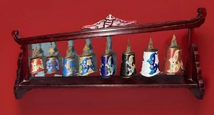 Vintage Cloisonne China Graduated Musical Bells on Wood Stand Overall Length 13” - Picture 1 of 14