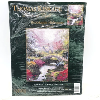 Vintage Thomas Kinkade Counted Cross Stitch Kit Brookside Hideaway NEW 14 x 11 - Image 1 of 4