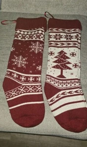 Lot of 2, Burgundy Knit Snowflake and Tree Christmas Stockings Size 18” - Picture 1 of 8