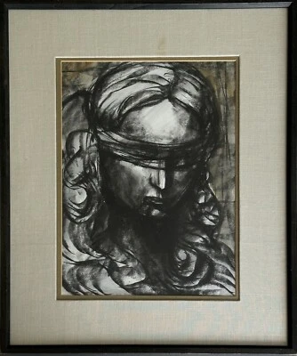 Retrato de mujer expresionista vintage con los ojos vendados carbón, enmarcado Foto 1 de 4