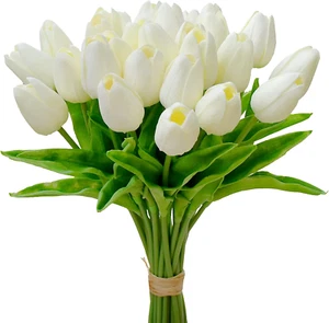 28Pcs Cream Artificial Tulip Silk Fake Flowers 13.5" for New Year Spring Mother' - Picture 1 of 12