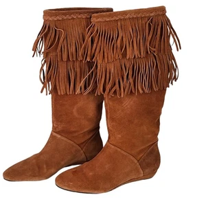 Gianni Bini rostfarben Wildleder hoch lässig kniehoch Fransen Stiefel 1" Keilabsatz 7,5 - Bild 1 von 7