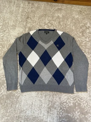 Suéter Express Para Hombre L Preppy Y2K Azul Gris Blanco Argyle Tejido Cuello en V L Foto 1 de 4