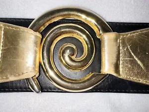 VTG 80s SANDY DUFTLER DESIGNS Gold Leather Spiral Wide Elastic Belt S RARE - Picture 1 of 6